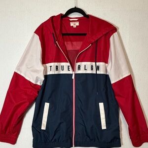 True Religion Color Block Bold Red White Blue Hooded Windbreaker